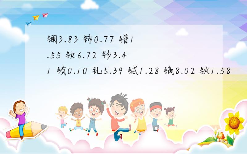 镧3.83 铈0.77 镨1.55 钕6.72 钐3.41 铕0.10 钆5.39 铽1.28 镝8.02 钬1.58