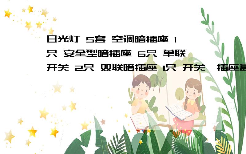 日光灯 5套 空调暗插座 1只 安全型暗插座 6只 单联开关 2只 双联暗插座 1只 开关、插座盒 10只 接线盒几只