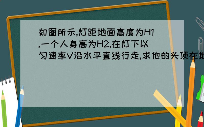 如图所示,灯距地面高度为H1,一个人身高为H2,在灯下以匀速率V沿水平直线行走,求他的头顶在地上的影子M点沿地面移动的速