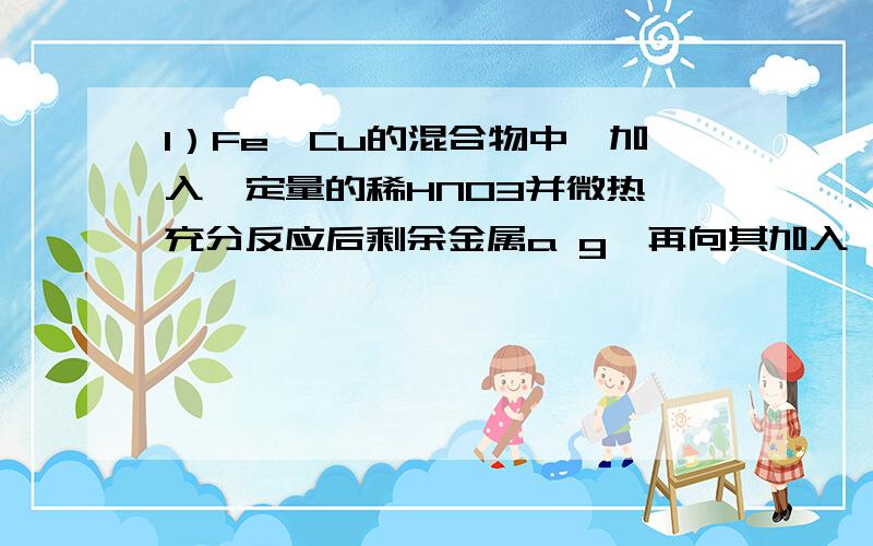 1）Fe,Cu的混合物中,加入一定量的稀HNO3并微热,充分反应后剩余金属a g,再向其加入一定量的稀盐酸并加热,充分震