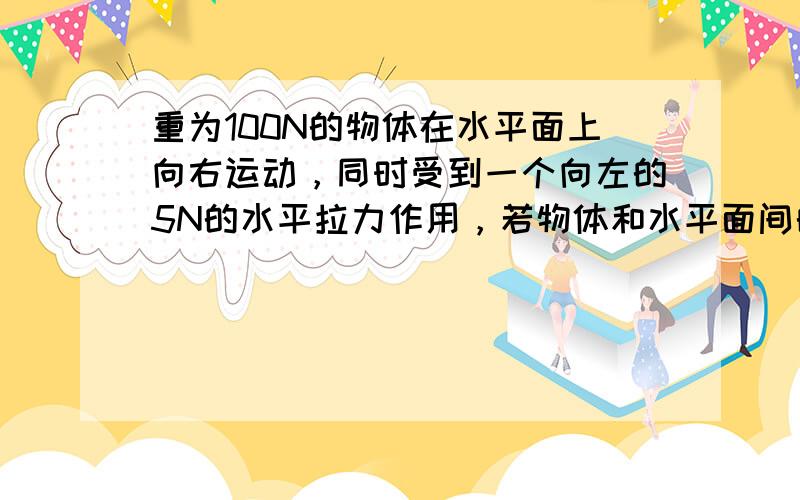 重为100N的物体在水平面上向右运动，同时受到一个向左的5N的水平拉力作用，若物体和水平面间的动摩擦因数为0.1，则水平