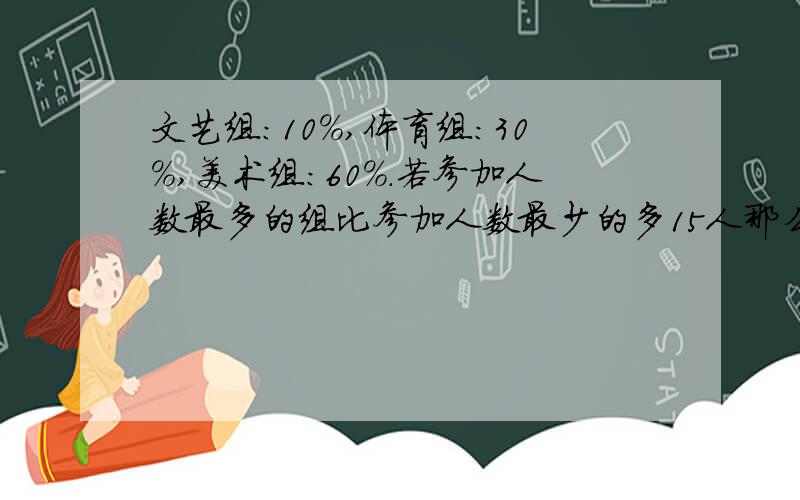 文艺组：10%,体育组：30%,美术组：60%.若参加人数最多的组比参加人数最少的多15人那么一共有多少学生