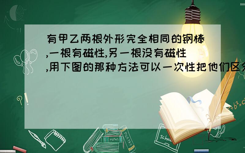 有甲乙两根外形完全相同的钢棒,一根有磁性,另一根没有磁性,用下图的那种方法可以一次性把他们区分开