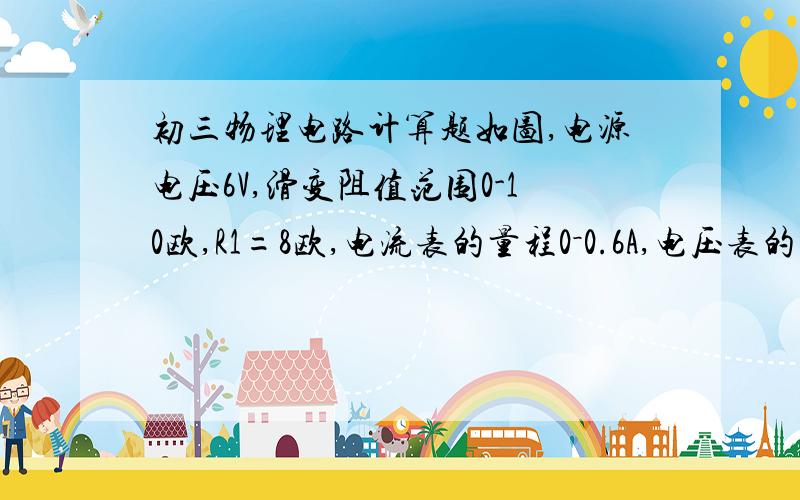 初三物理电路计算题如图,电源电压6V,滑变阻值范围0-10欧,R1=8欧,电流表的量程0－0.6A,电压表的量程0－3V