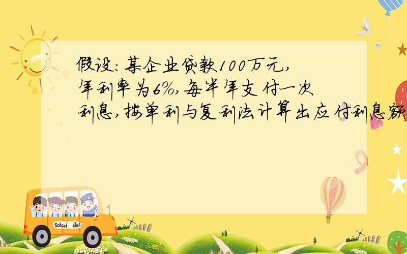 假设：某企业贷款100万元,年利率为6%,每半年支付一次利息,按单利与复利法计算出应付利息额.