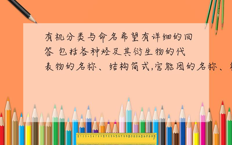 有机分类与命名希望有详细的回答 包括各种烃及其衍生物的代表物的名称、结构简式,官能团的名称、符号,还有主要性质（反应类型