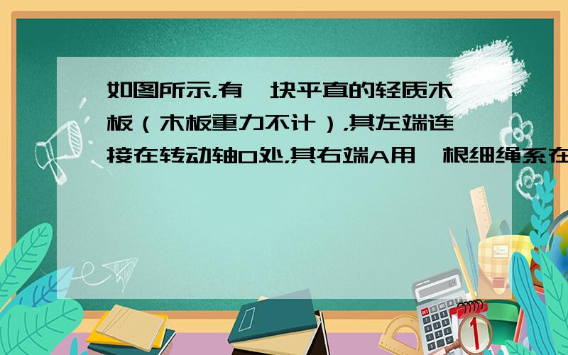 如图所示，有一块平直的轻质木板（木板重力不计），其左端连接在转动轴O处，其右端A用一根细绳系在竖直墙B处，此时木板恰好水