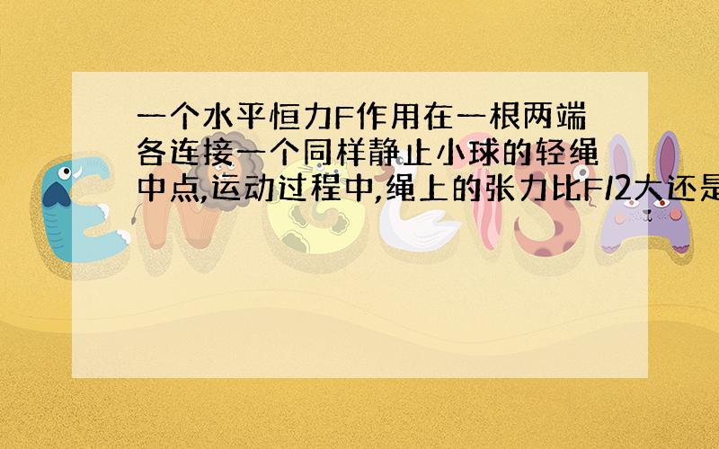 一个水平恒力F作用在一根两端各连接一个同样静止小球的轻绳中点,运动过程中,绳上的张力比F/2大还是比...