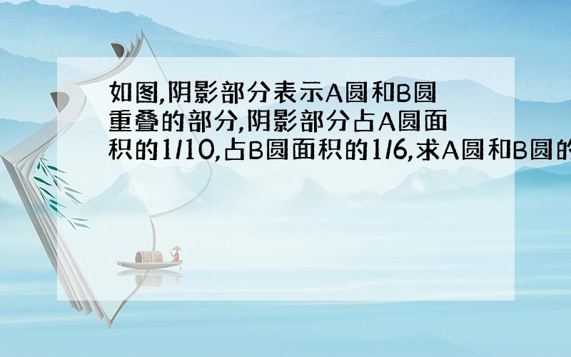 如图,阴影部分表示A圆和B圆重叠的部分,阴影部分占A圆面积的1/10,占B圆面积的1/6,求A圆和B圆的面积比