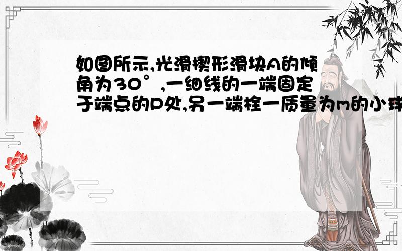 如图所示,光滑楔形滑块A的倾角为30°,一细线的一端固定于端点的P处,另一端栓一质量为m的小球,球随滑块一起向匀速运动,