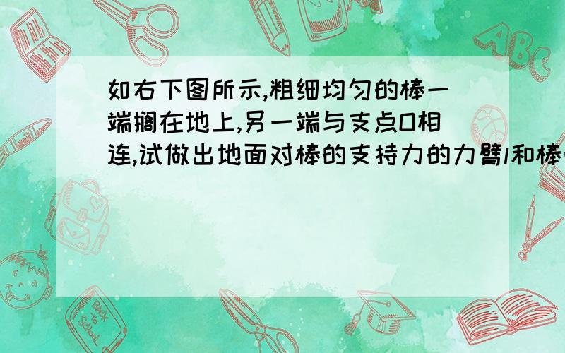 如右下图所示,粗细均匀的棒一端搁在地上,另一端与支点O相连,试做出地面对棒的支持力的力臂l和棒受重力G的示意图 