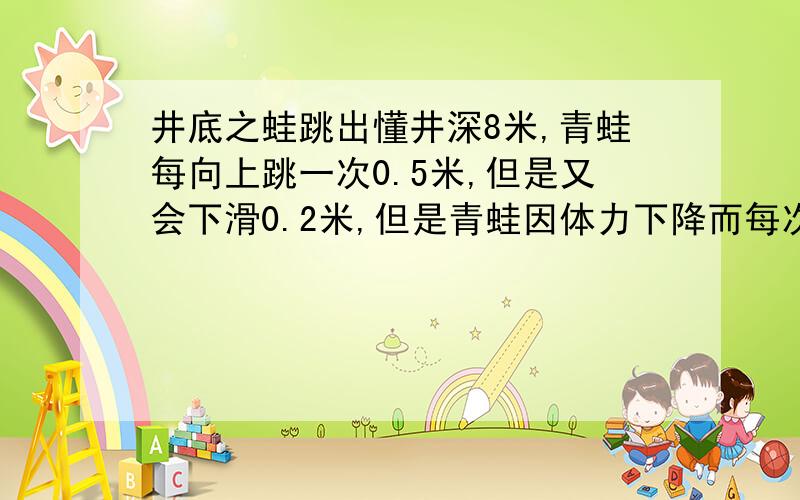 井底之蛙跳出懂井深8米,青蛙每向上跳一次0.5米,但是又会下滑0.2米,但是青蛙因体力下降而每次跳跃时间减慢1秒,求解跳