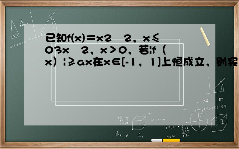 已知f(x)＝x2−2，x≤03x−2，x＞0，若|f（x）|≥ax在x∈[-1，1]上恒成立，则实数a的取值范围（