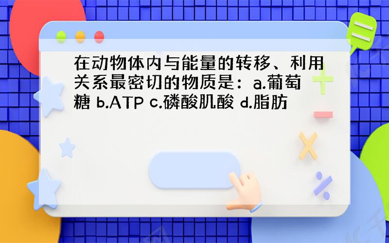 在动物体内与能量的转移、利用关系最密切的物质是：a.葡萄糖 b.ATP c.磷酸肌酸 d.脂肪