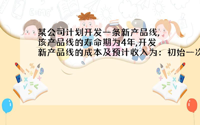 某公司计划开发一条新产品线,该产品线的寿命期为4年,开发新产品线的成本及预计收入为：初始一次性投资固定资产120万元,且