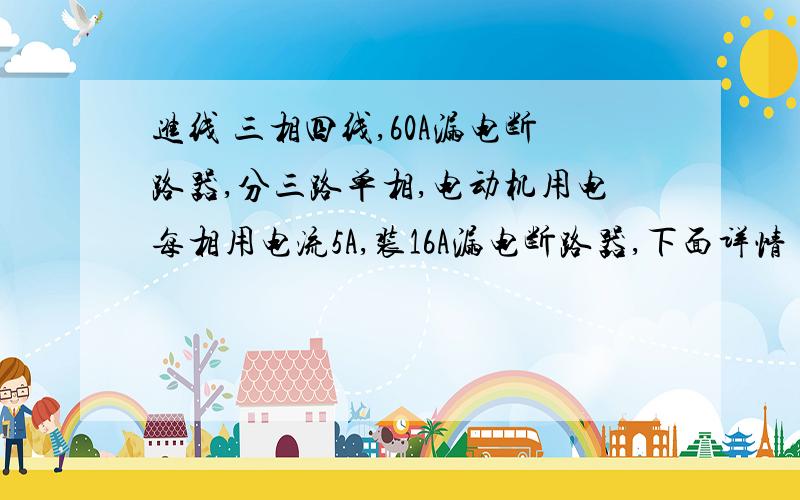 进线 三相四线,60A漏电断路器,分三路单相,电动机用电每相用电流5A,装16A漏电断路器,下面详情