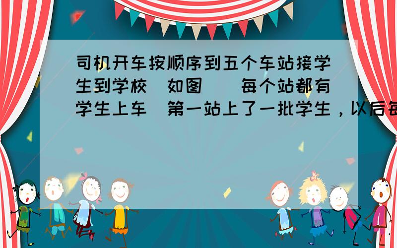 司机开车按顺序到五个车站接学生到学校（如图）．每个站都有学生上车．第一站上了一批学生，以后每站上车的人数都是前一站上车人