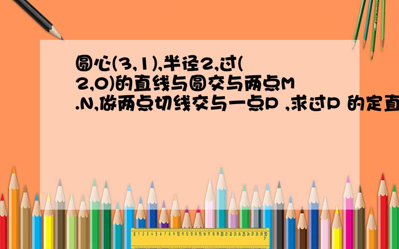 圆心(3,1),半径2,过(2,0)的直线与圆交与两点M.N,做两点切线交与一点P ,求过P 的定直线 告诉我思路就行!