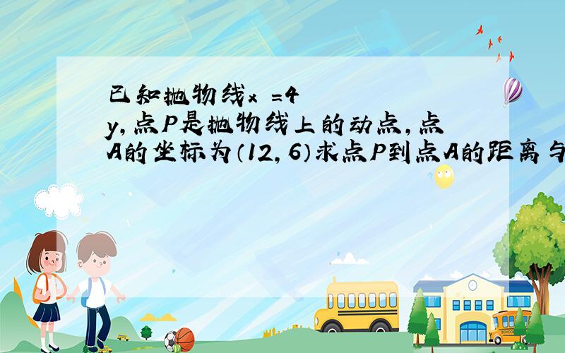 已知抛物线x²=4y,点P是抛物线上的动点,点A的坐标为（12,6）求点P到点A的距离与点P到x轴的距离之和