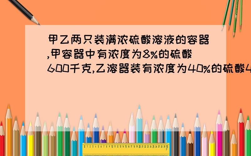 甲乙两只装满浓硫酸溶液的容器,甲容器中有浓度为8%的硫酸600千克,乙溶器装有浓度为40%的硫酸400千克,各取多少千克