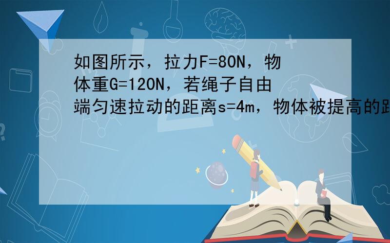 如图所示，拉力F=80N，物体重G=120N，若绳子自由端匀速拉动的距离s=4m，物体被提高的距离h=2m，求：