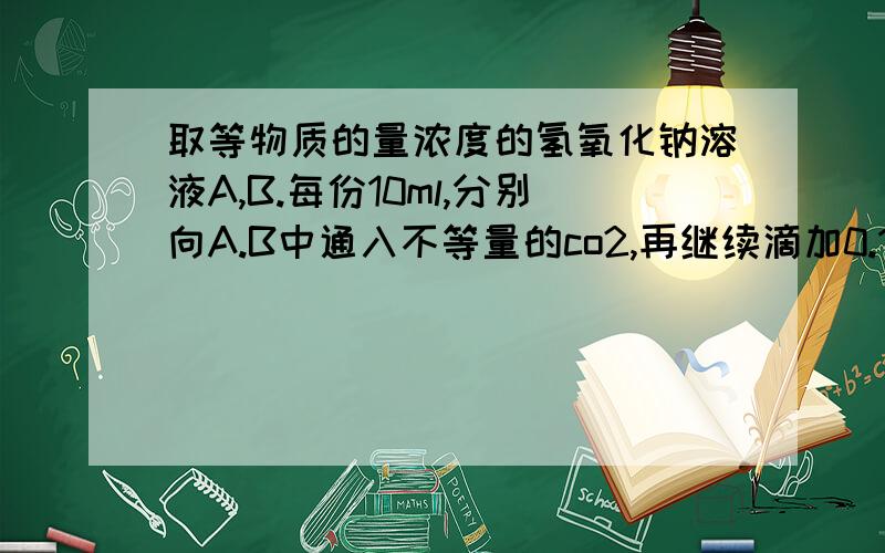 取等物质的量浓度的氢氧化钠溶液A,B.每份10ml,分别向A.B中通入不等量的co2,再继续滴加0.1mol/L的稀盐