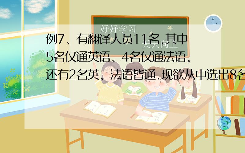 例7、有翻译人员11名,其中5名仅通英语、4名仅通法语,还有2名英、法语皆通.现欲从中选出8名,其中4名译英语,另外4名