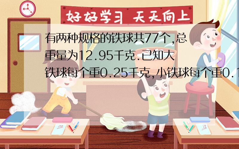 有两种规格的铁球共77个,总重量为12.95千克.已知大铁球每个重0.25千克,小铁球每个重0.1,那么他们各有