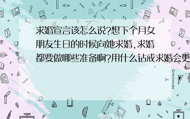 求婚宣言该怎么说?想下个月女朋友生日的时候向她求婚,求婚都要做哪些准备啊?用什么钻戒求婚会更有意义?关于求婚宣言和求婚钻