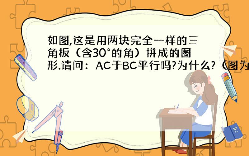 如图,这是用两块完全一样的三角板（含30°的角）拼成的图形.请问：AC于BC平行吗?为什么?（图为22题)