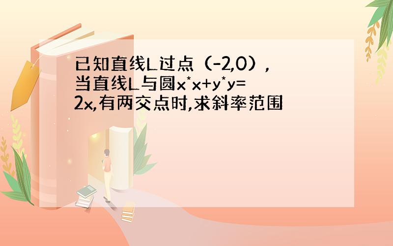 已知直线L过点（-2,0）,当直线L与圆x*x+y*y=2x,有两交点时,求斜率范围