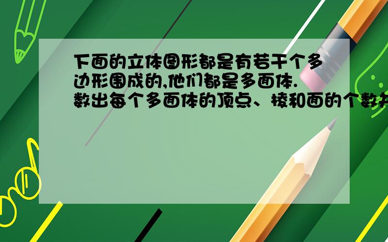 下面的立体图形都是有若干个多边形围成的,他们都是多面体.数出每个多面体的顶点、棱和面的个数并填表.