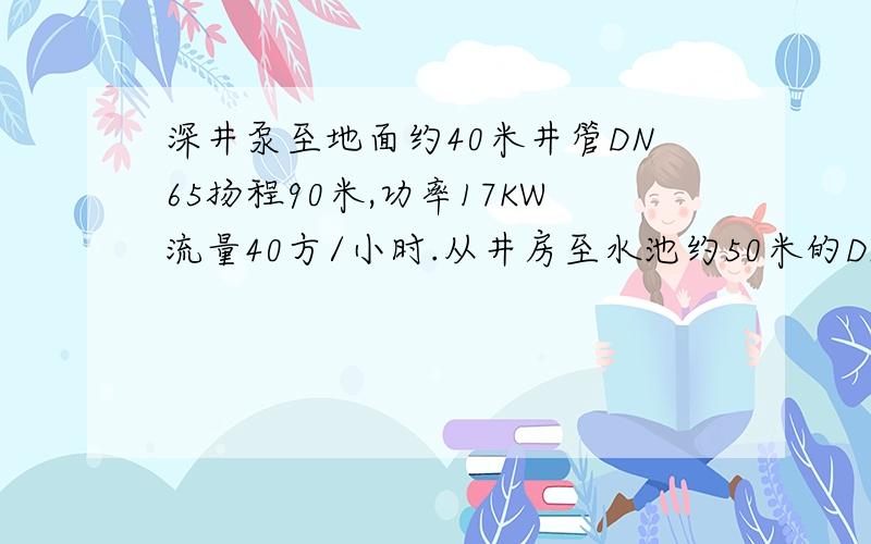 深井泵至地面约40米井管DN65扬程90米,功率17KW流量40方/小时.从井房至水池约50米的DN100管,水量不足,