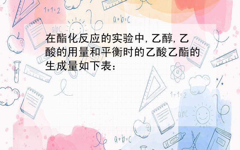 在酯化反应的实验中,乙醇,乙酸的用量和平衡时的乙酸乙酯的生成量如下表：