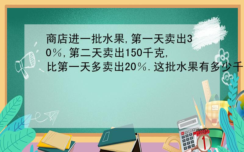 商店进一批水果,第一天卖出30％,第二天卖出150千克,比第一天多卖出20％.这批水果有多少千克?