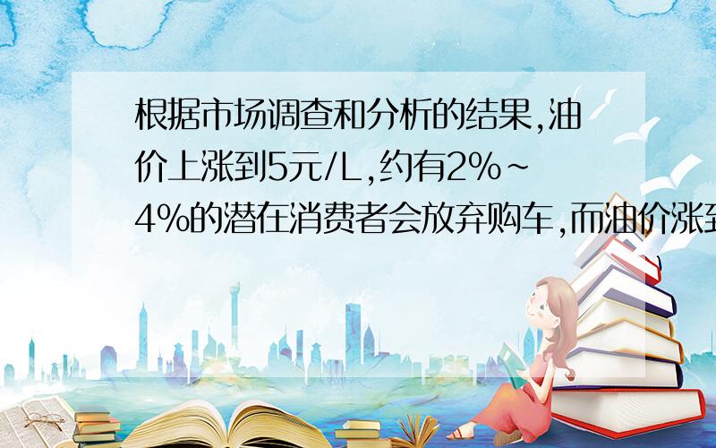 根据市场调查和分析的结果,油价上涨到5元/L,约有2%～4%的潜在消费者会放弃购车,而油价涨到6元/L,则...