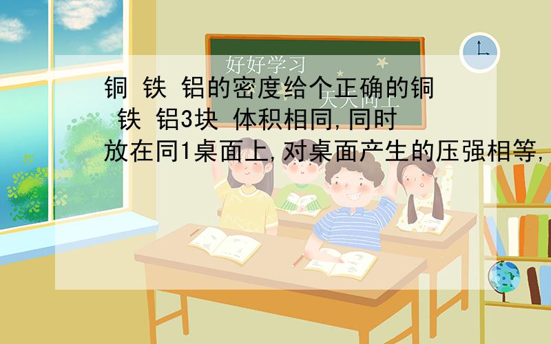 铜 铁 铝的密度给个正确的铜 铁 铝3块 体积相同,同时放在同1桌面上,对桌面产生的压强相等,那么铜 铁 铝与桌面的接触