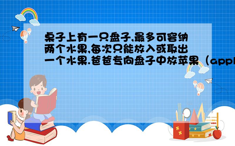 桌子上有一只盘子,最多可容纳两个水果,每次只能放入或取出一个水果.爸爸专向盘子中放苹果（apple）,妈妈专向盘子中N放