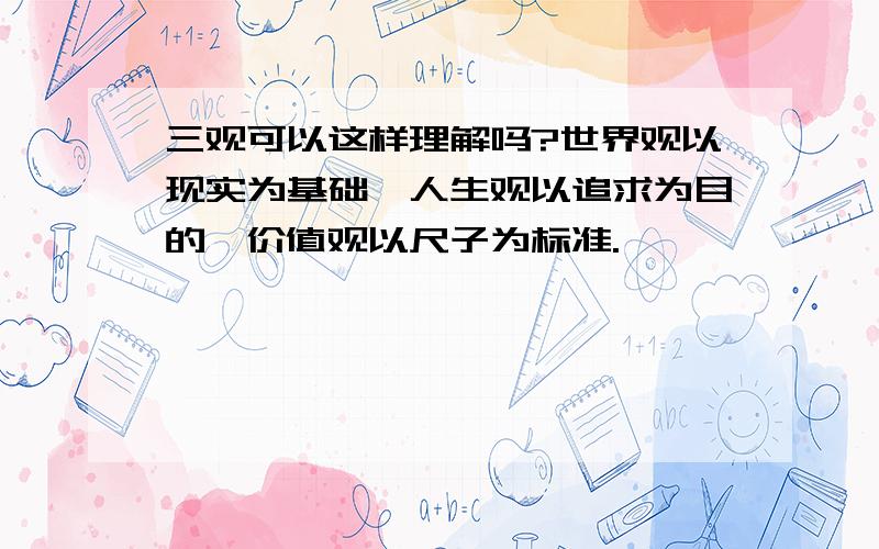 三观可以这样理解吗?世界观以现实为基础,人生观以追求为目的,价值观以尺子为标准.