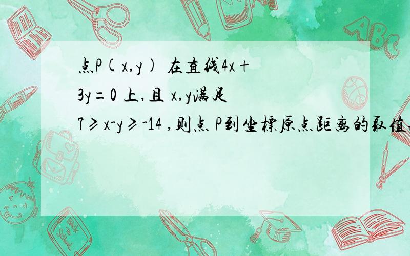 点P(x,y) 在直线4x+3y=0 上,且 x,y满足7≥x-y≥-14 ,则点 P到坐标原点距离的取值范围是 .