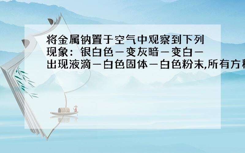 将金属钠置于空气中观察到下列现象：银白色—变灰暗—变白—出现液滴—白色固体—白色粉末,所有方程式