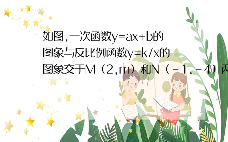 如图,一次函数y=ax+b的图象与反比例函数y=k/x的图象交于M（2,m）和N（-1,-4）两点.