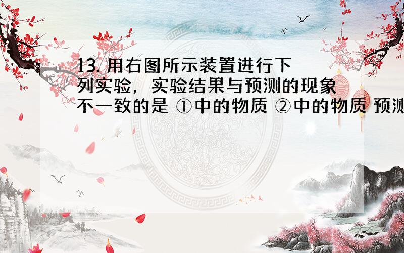 13. 用右图所示装置进行下列实验，实验结果与预测的现象不一致的是 ①中的物质 ②中的物质 预测①的现象 A 酚酞溶液