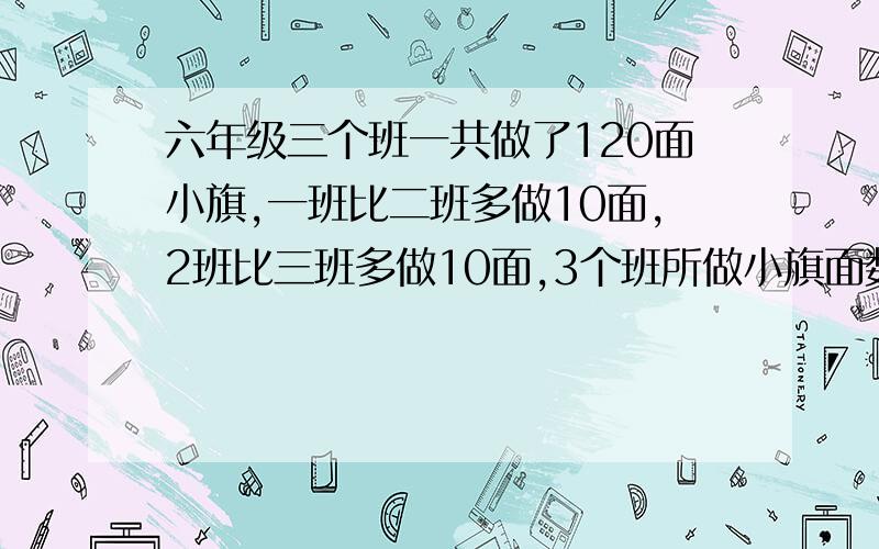 六年级三个班一共做了120面小旗,一班比二班多做10面,2班比三班多做10面,3个班所做小旗面数的比是多少?