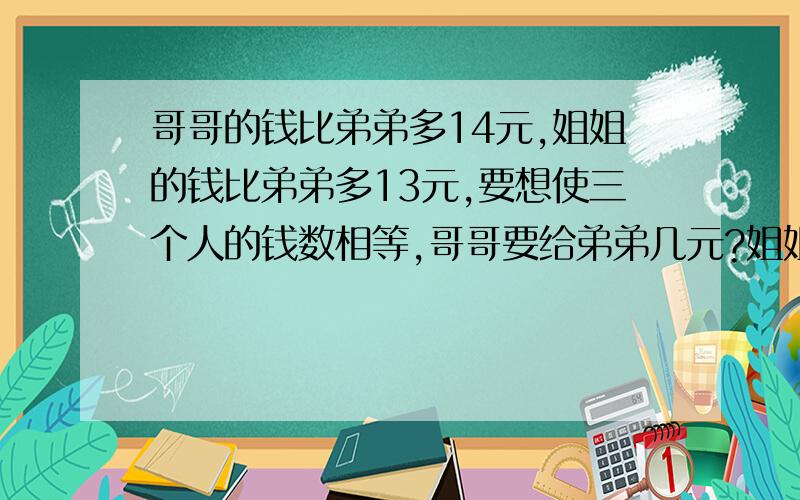 哥哥的钱比弟弟多14元,姐姐的钱比弟弟多13元,要想使三个人的钱数相等,哥哥要给弟弟几元?姐姐要给弟弟几元?（请帮助分析