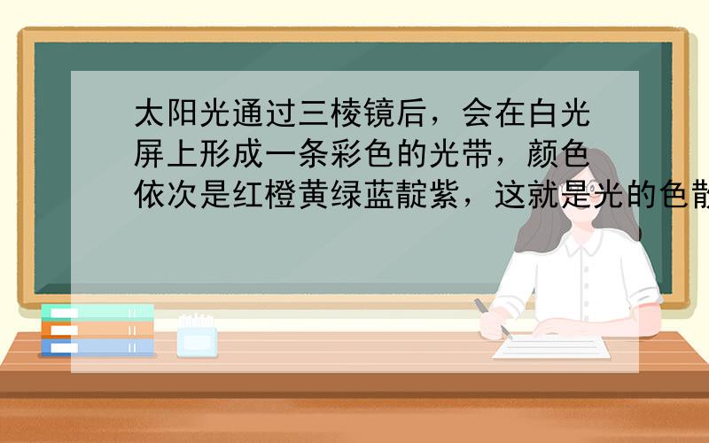 太阳光通过三棱镜后，会在白光屏上形成一条彩色的光带，颜色依次是红橙黄绿蓝靛紫，这就是光的色散；水滴是透明的，中