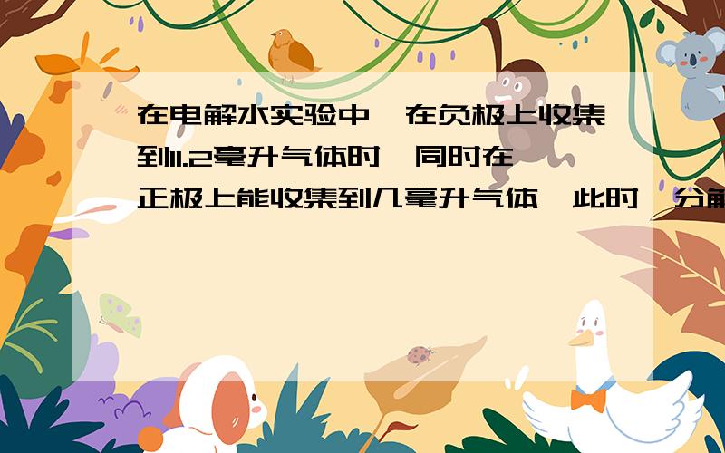 在电解水实验中,在负极上收集到11.2毫升气体时,同时在正极上能收集到几毫升气体,此时,分解了几克水?（ρ氢气=0.08