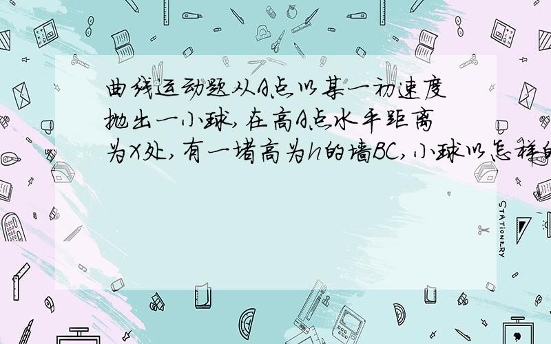 曲线运动题从A点以某一初速度抛出一小球,在高A点水平距离为X处,有一堵高为h的墙BC,小球以怎样的初速度抛出,才能使小球