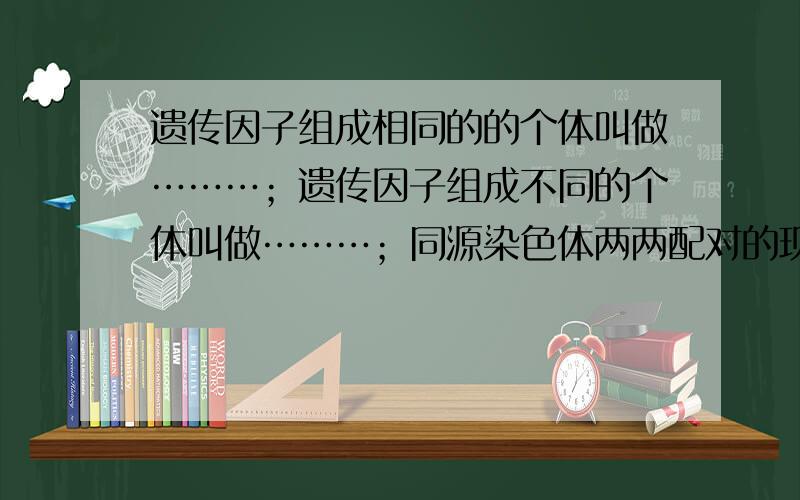 遗传因子组成相同的的个体叫做………；遗传因子组成不同的个体叫做………；同源染色体两两配对的现象叫做………,减数分裂中染色