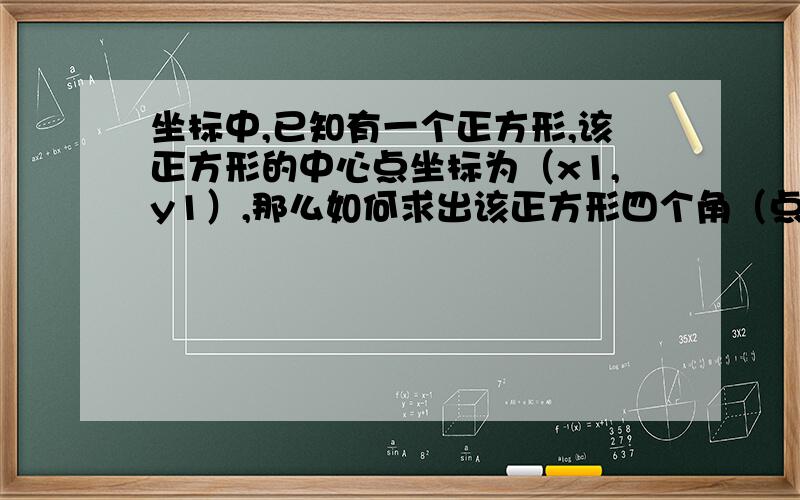 坐标中,已知有一个正方形,该正方形的中心点坐标为（x1,y1）,那么如何求出该正方形四个角（点）在坐标中的坐标值呢?